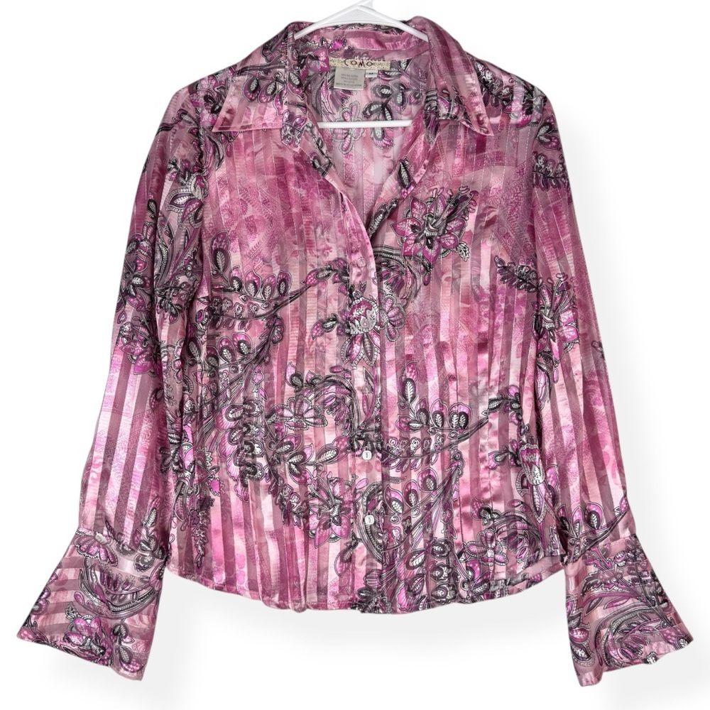 Como Button Down Blouse Womens M Pink Floral Print Sheer Striped Long Sleeve Top